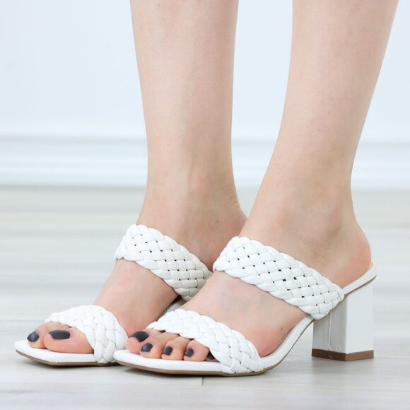 White Block Low Heeled Mule Open Squared Toe Slip On Sandals Braided Straps - Picture 12 of 14